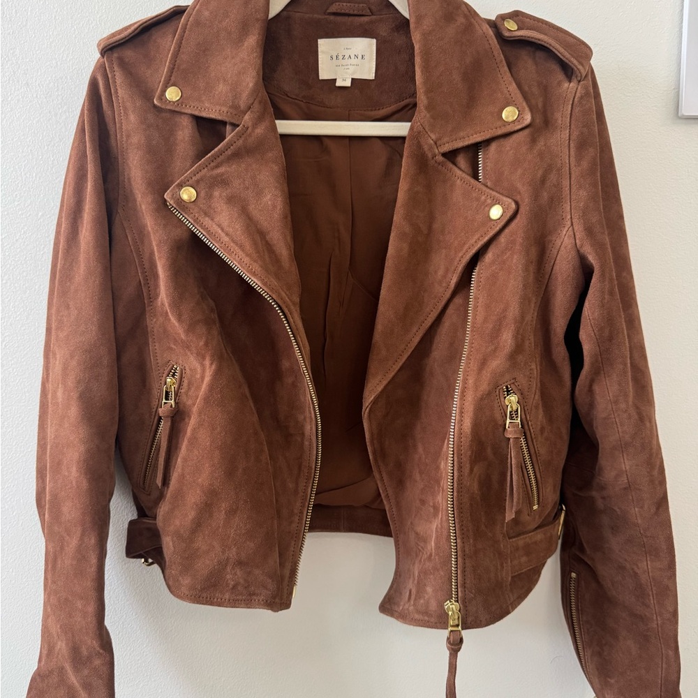 Sezane Zig Camel Leather Jacket